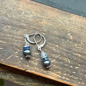 Elegant Blue Crystal, Black Pearl and Sterling Silver Silver Drop Earrings